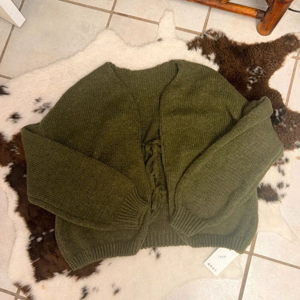 Olive Green Chunky Oversized Open Front Cardigan Sweater Balloon Sleeve L